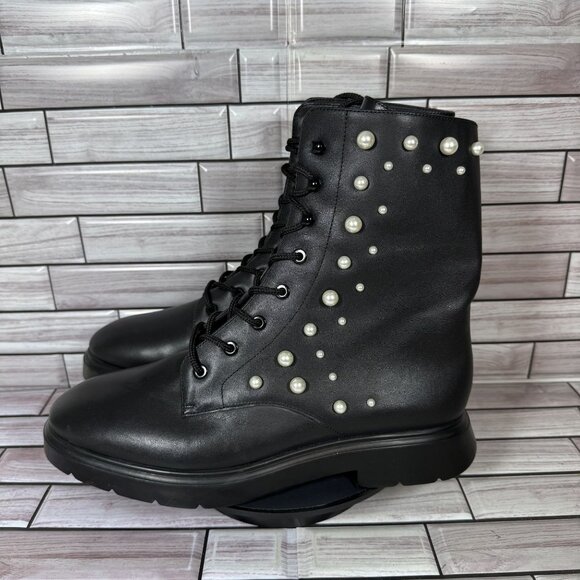 Stuart Weitzman Women's Black Mcknzee Pearl Studded Leather Combat Boots Size 9 - Picture 3 of 7